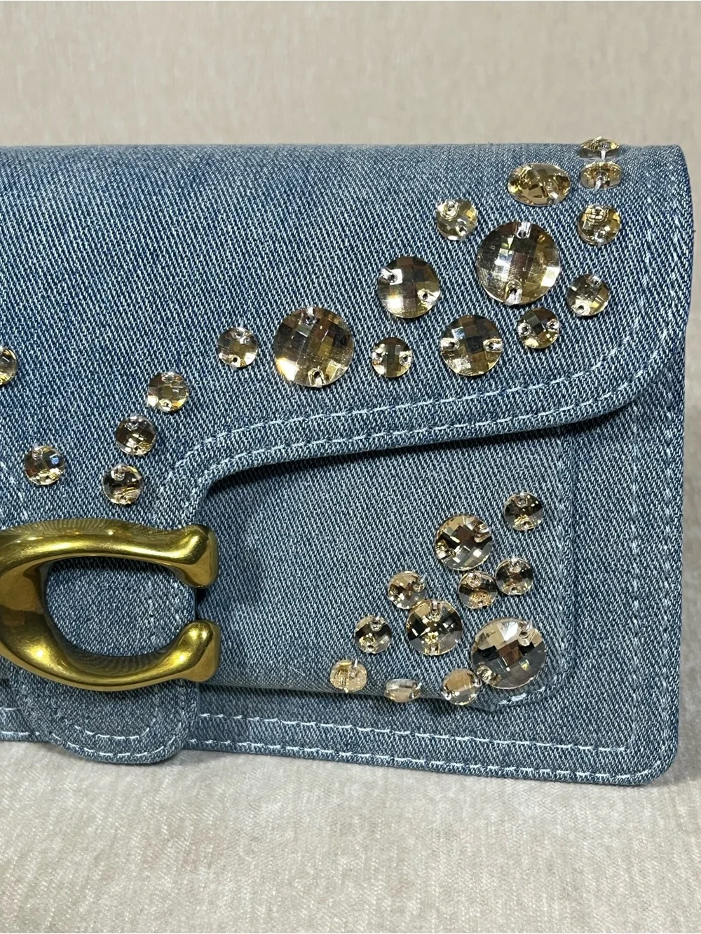 Coach Light Blue Denim Crystal-Embellished Clutch with Gold 'C'